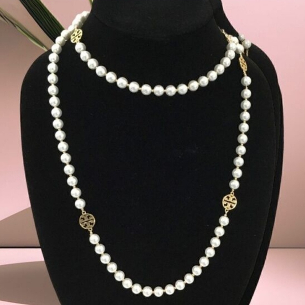 Tory Burch White Pearl Necklace with Gold Details